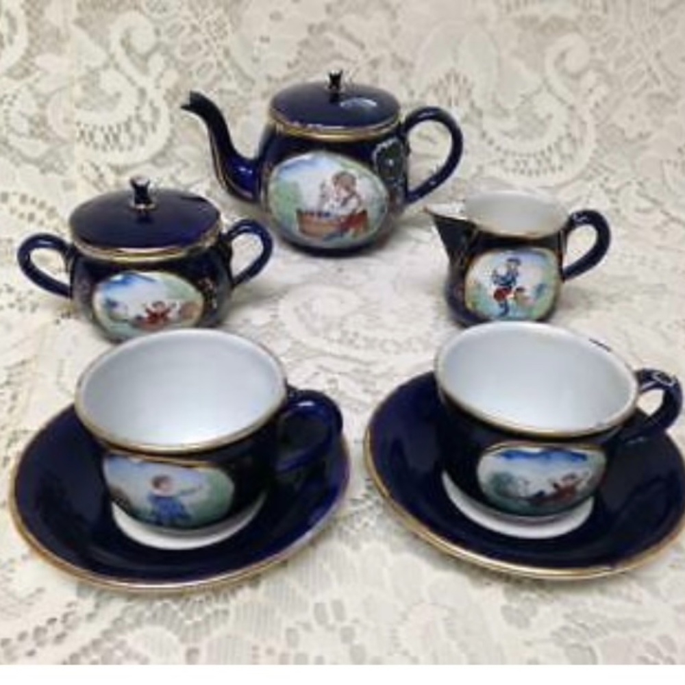 Antique, Rare, German Cobalt Blue Enamelware, 9pc Childs Tea Set